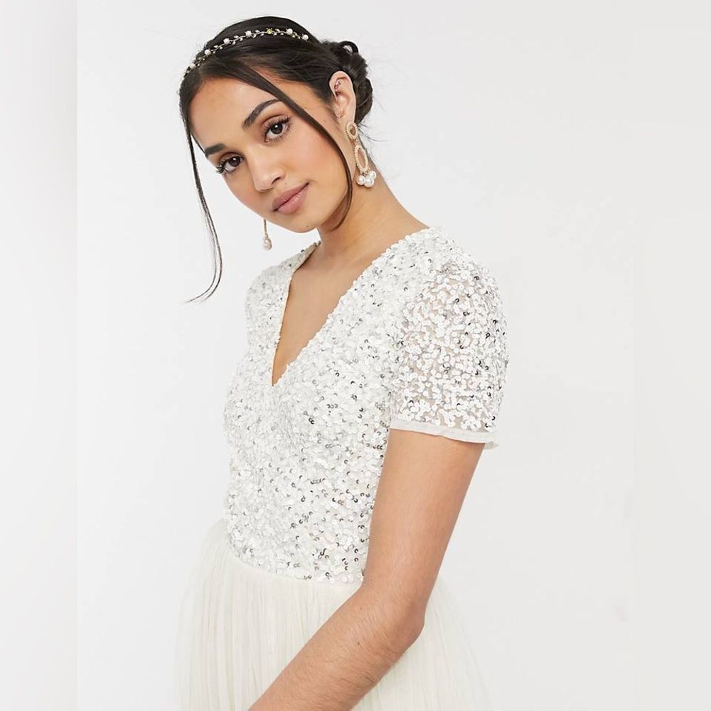 ASOS Maya Deluxe V Neck Maxi Tulle Beaded Dress Sequin Size 6